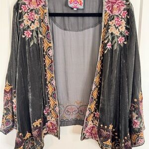 Johnny Was Gray Kimono with Pink and Gold Embroidery